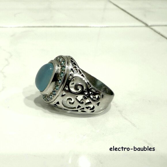 JTV 925 Sterling Silver Filagree Blue Chalcedony & Blue & White Topaz Ring Sz 8 - Picture 5 of 11